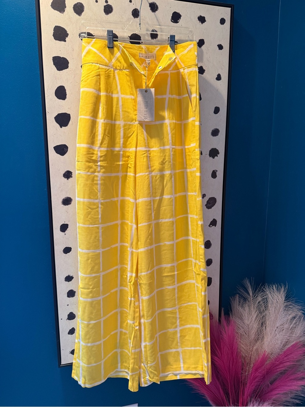 Moon River Yellow Windowpane Wide-Leg Pants